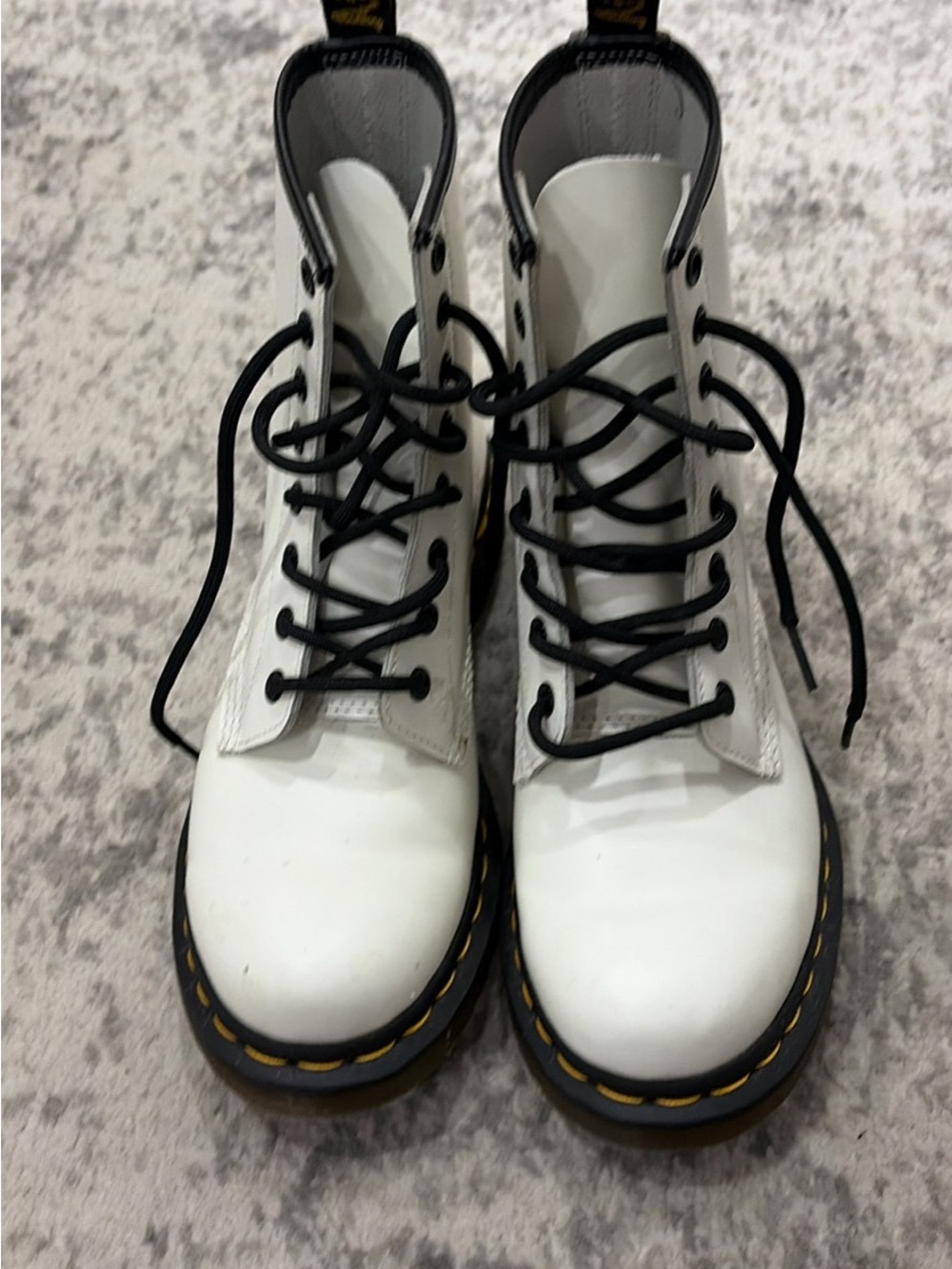 Dr. Martens White Leather Lace-Up Boots with Yellow Stitching